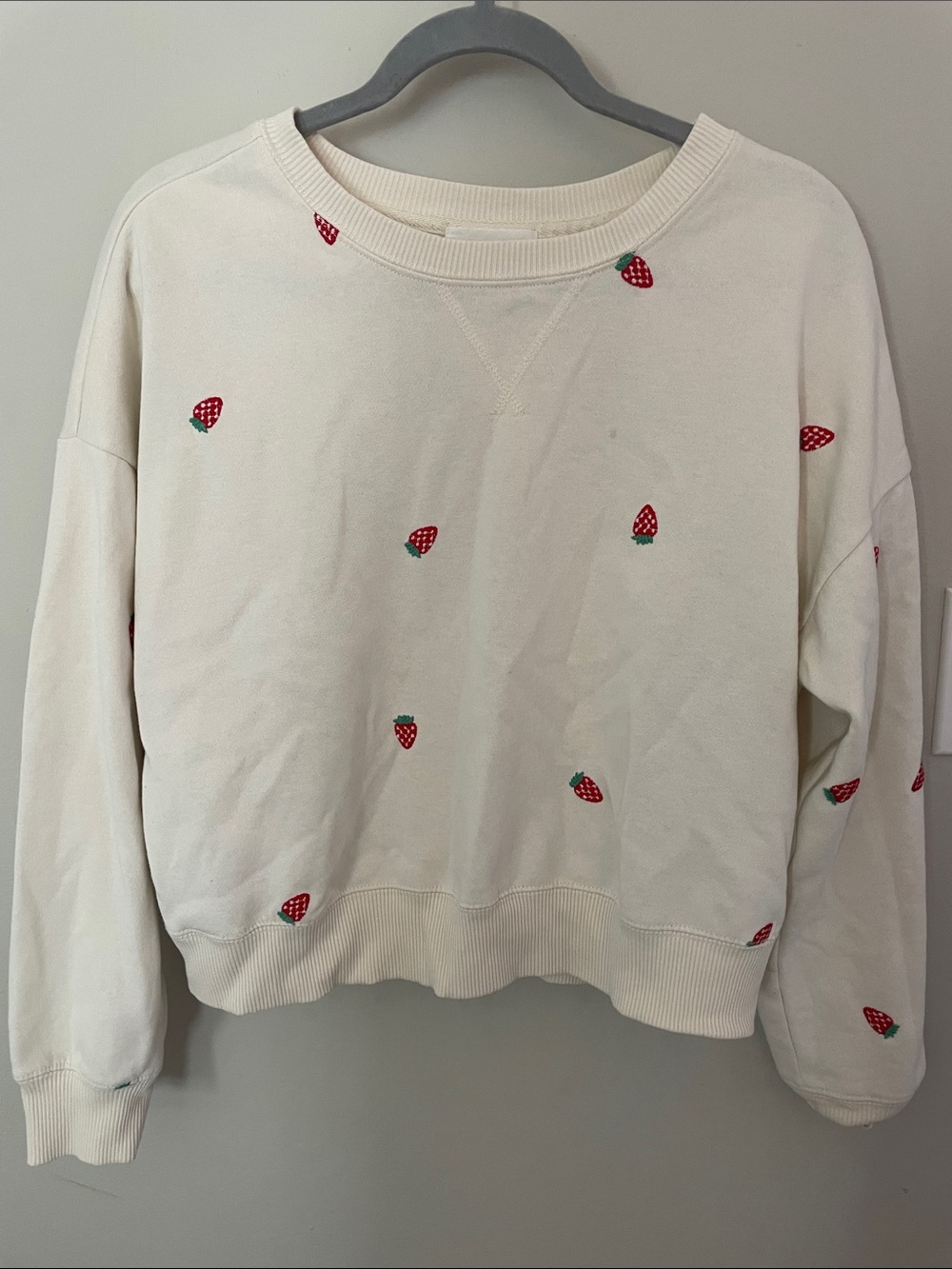 Olive & Oak Cream Crewneck Sweater with Red Strawberry Embroidery